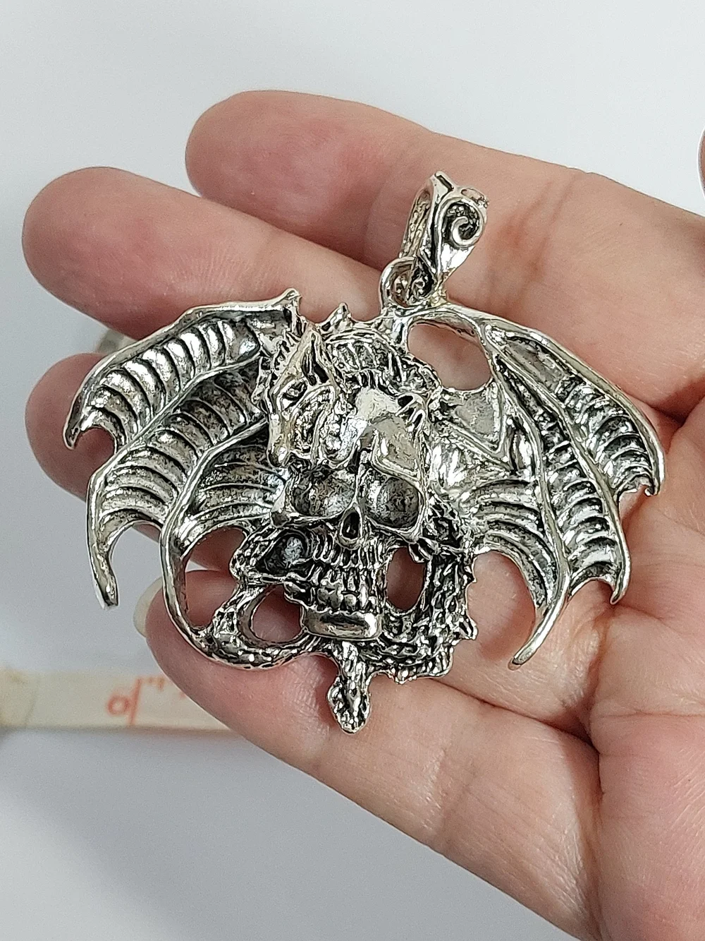 Silver Dragon Skull Pendant Necklace - Gothic Home Accent